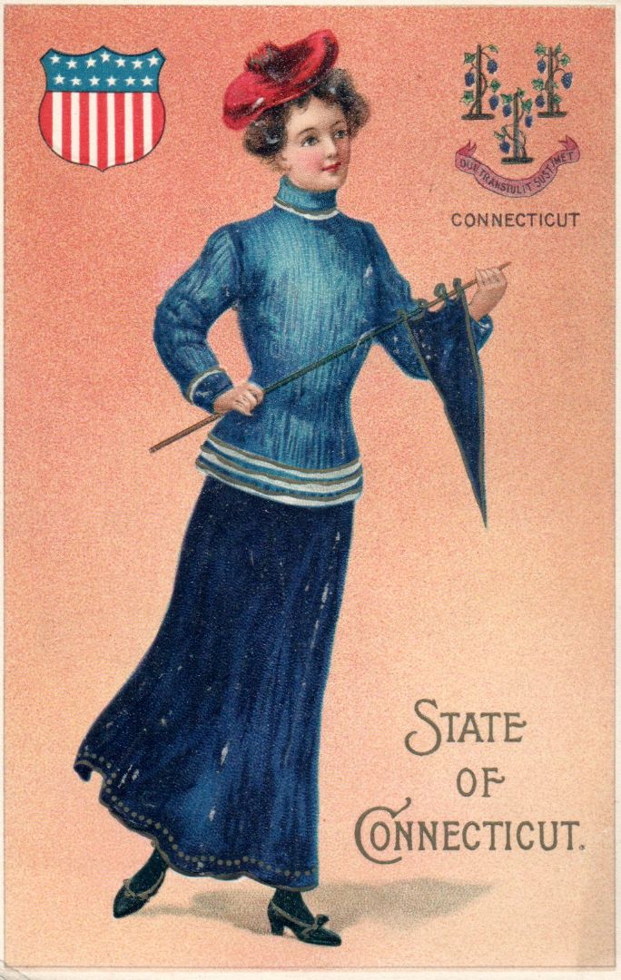 Women representing the State of Connecticut holding a flag in a blue dress
