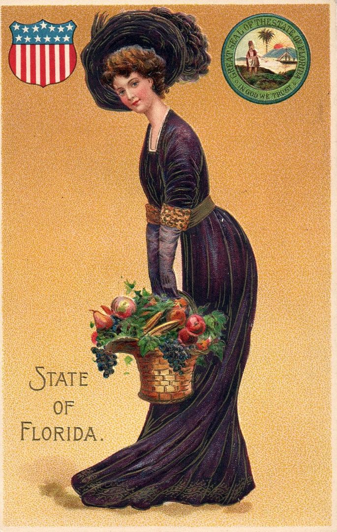 Women representing the State of Florida holding a fruit and veggie basket wearing a purple dress