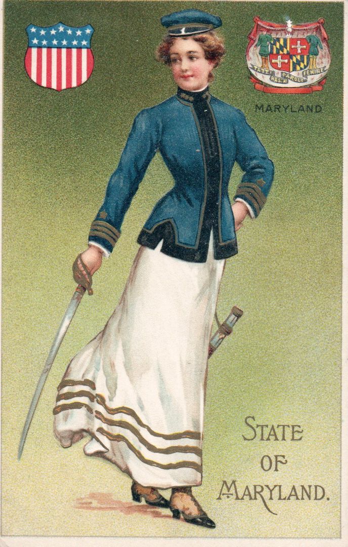 Women representing the State of Maryland holding a sword in a blue dress