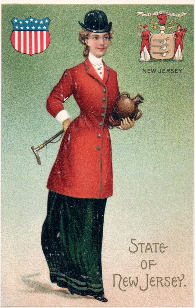 Women representing the State of New Jersey holding a pot and cane in a red suit