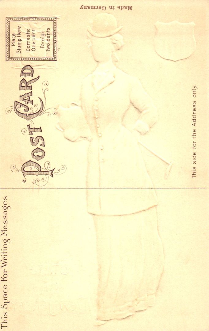 Women representing the State of New Jersey holding a pot and cane in a red suit
