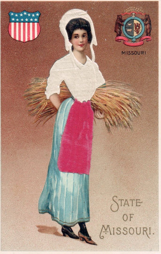 Women representing the State of Missouri holding wheat wearing a silk blue and white suit with a red apron