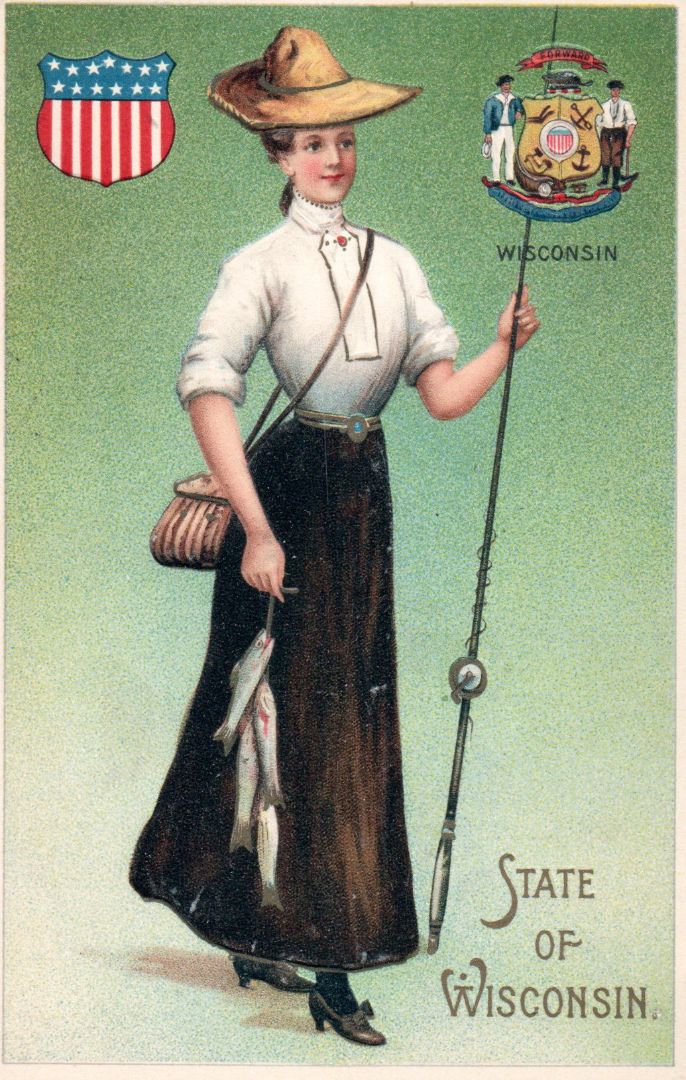 Women representing the State of Wisconsin holding fish and a fishing pole wearing a brown skirt white shirt