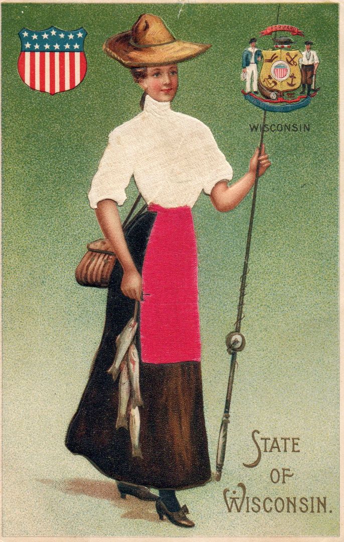 Women representing the State of Wisconsin holding fish and a fishing pole wearing a brown skirt white shirt and red silk apron