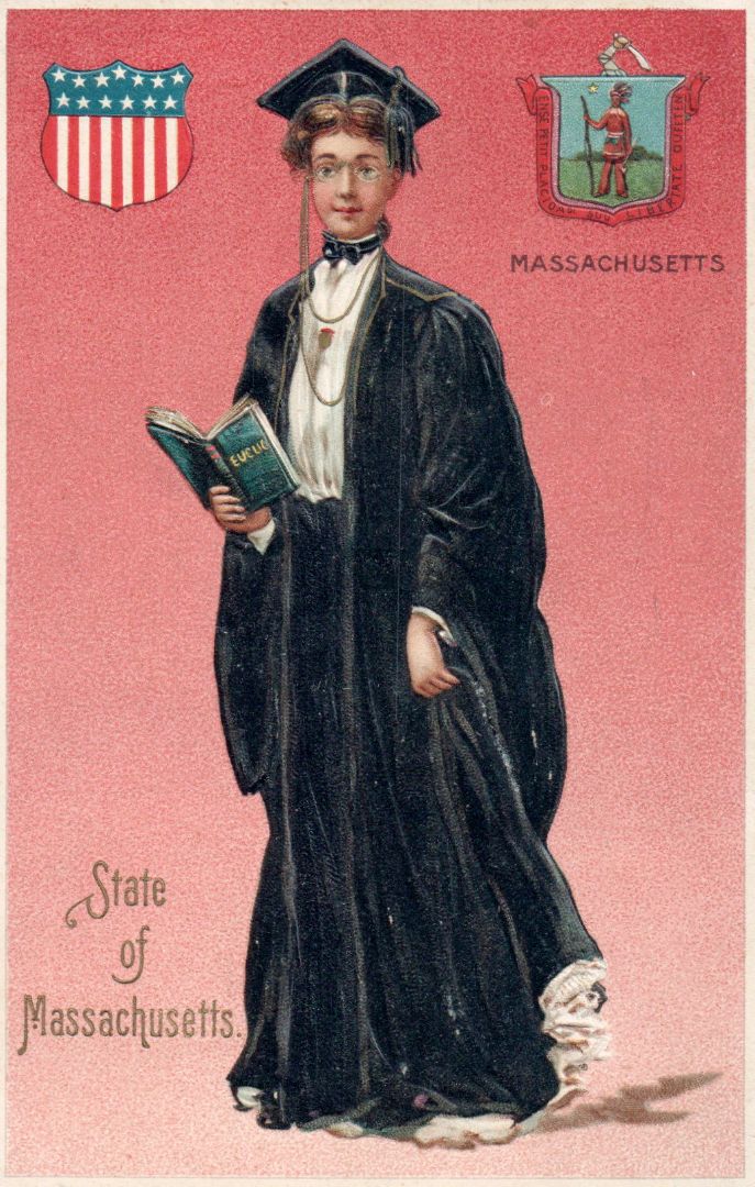 Women representing the State of Massachusetts wearing a collage graduation gown holding a book