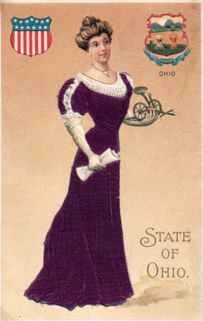 Women representing the State of Ohio holding a paper and a farming disc wearing a silk purple dress