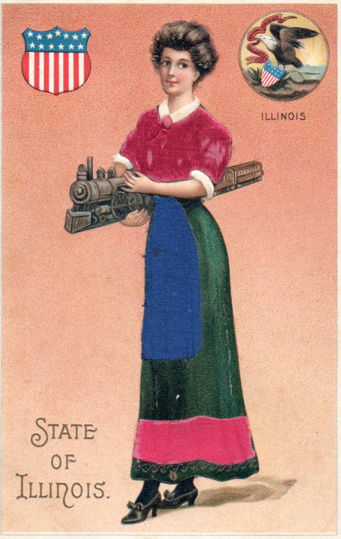 Women representing the State of Illinois holding a train figurine wearing a silk green and red dress with a blue apron