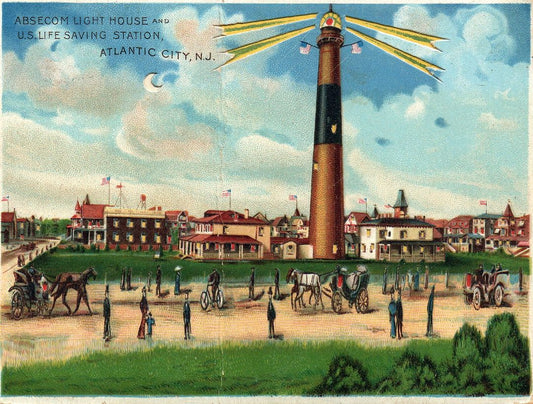 Absecom Light House and U.S. Life Saving Station, Atlantic City, New Jersey HTL Hold to the Light postcard