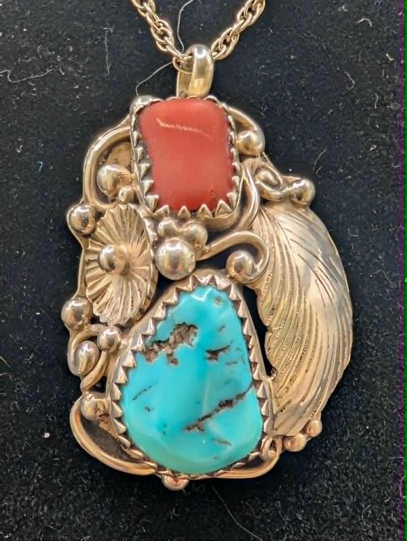 Native turquoise and Coral Necklace Artist Signed