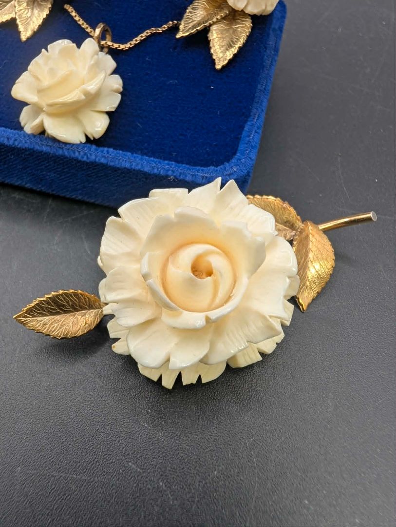 Bone Rose Hand Carved Necklace, Broach, Earring Set