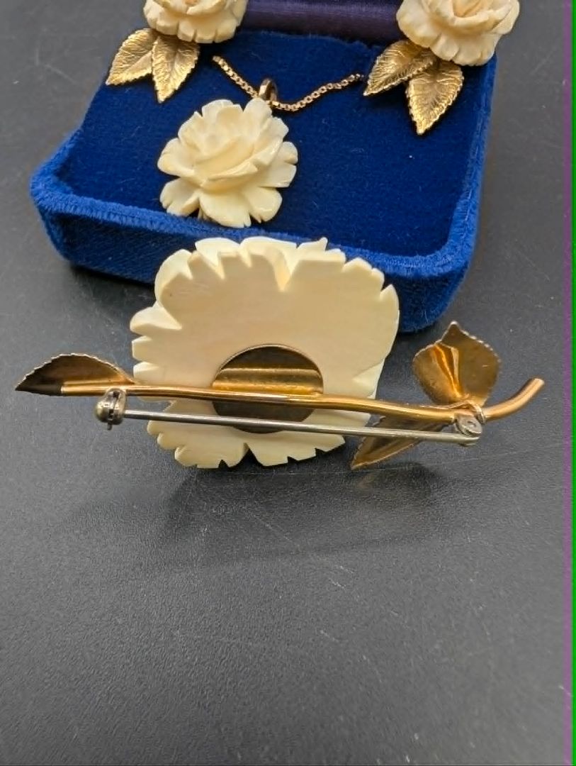 Bone Rose Hand Carved Necklace, Broach, Earring Set