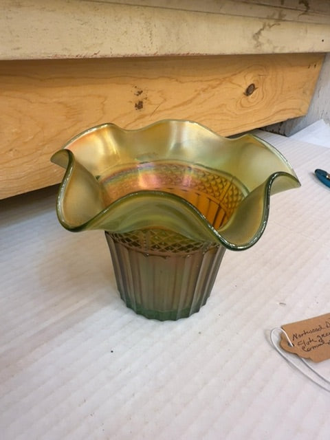 Northwood diamond flute, green carnival glass bowl