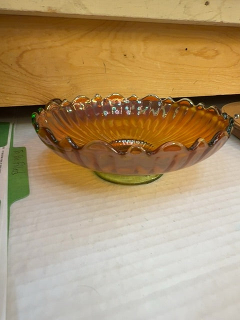 Carnival glass Marigold and Green ribbed candy Dish 6 inches
