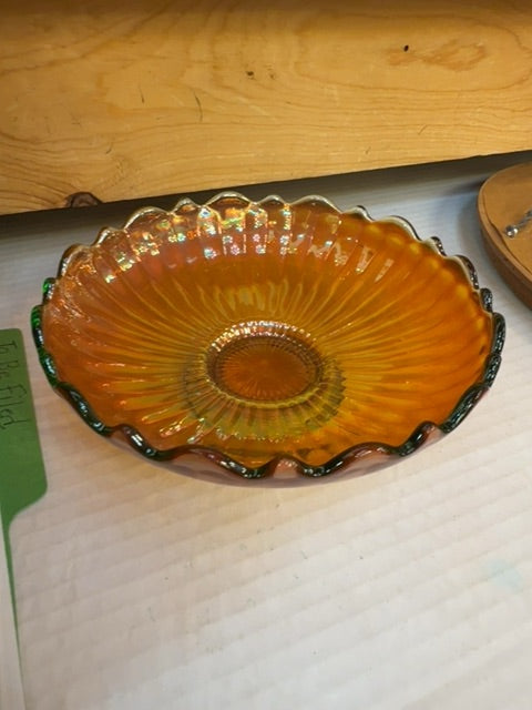 Carnival glass Marigold and Green ribbed candy Dish 6 inches