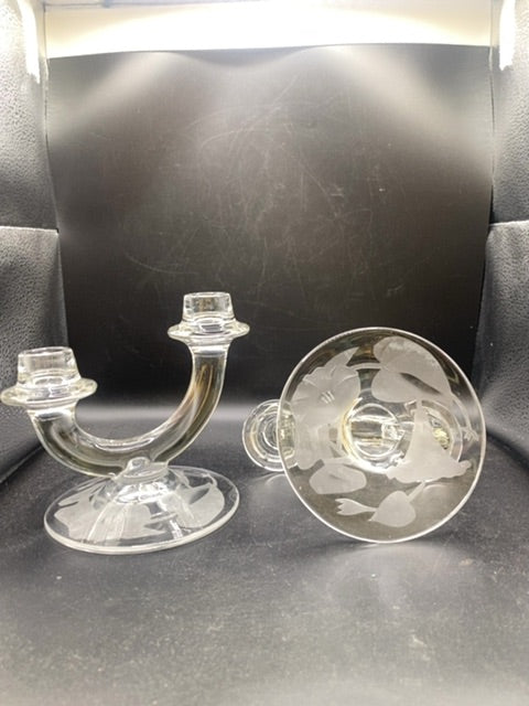 Fostoria Sonata Duo Morning Glory Etched Candle Holder Pair
