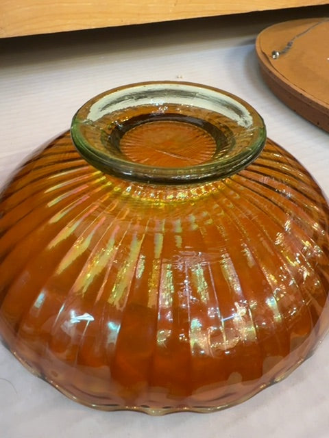 Carnival glass Marigold and Green ribbed candy Dish 6 inches