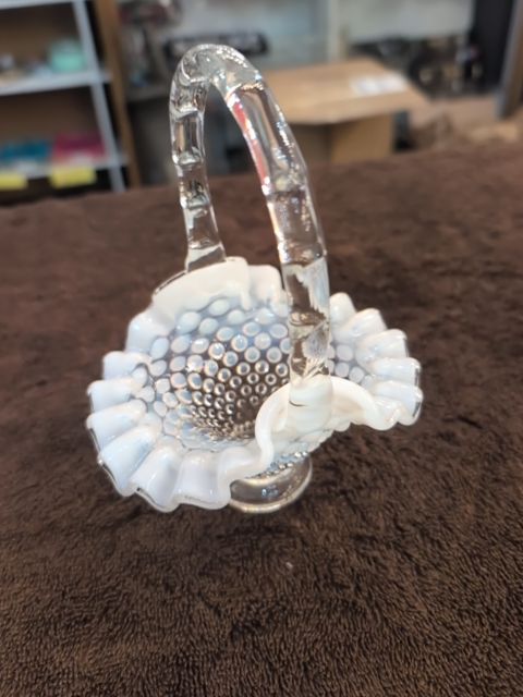 Opalescent Fenton hobnail basket