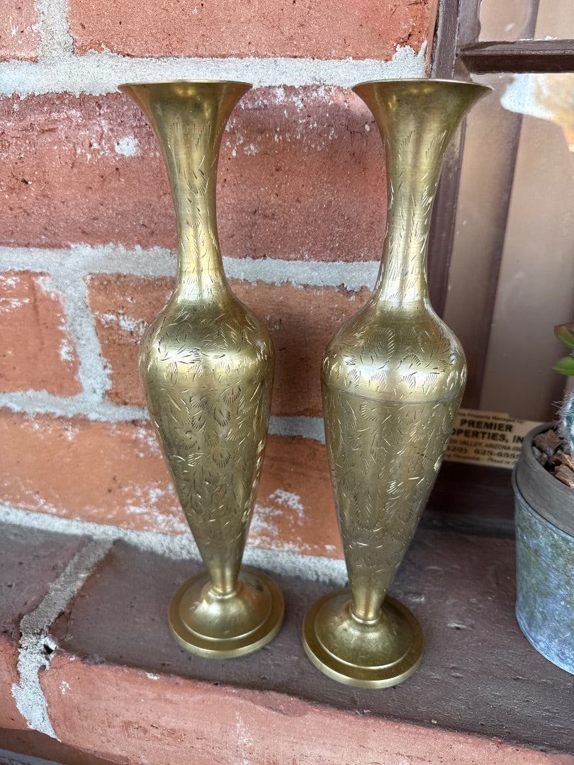Vintage Brass engraved vases 12”