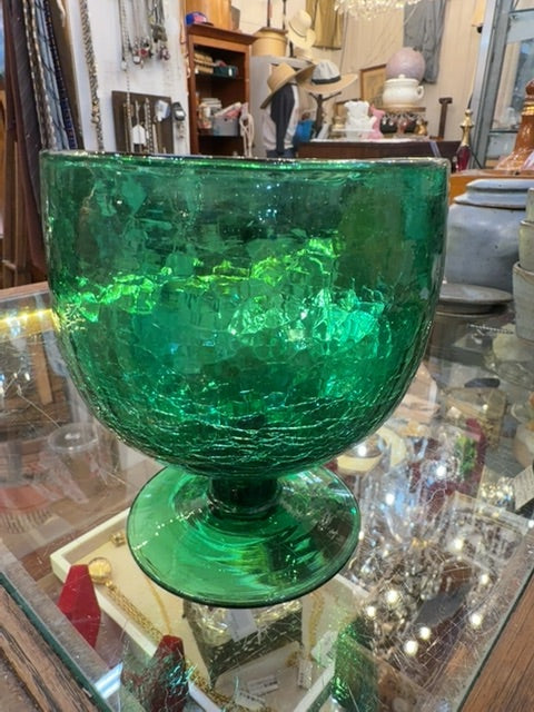 Hand blown emerald green pedestal crackle bowl