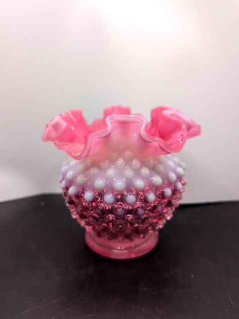 Pink opalescent Fenton hobnail vase