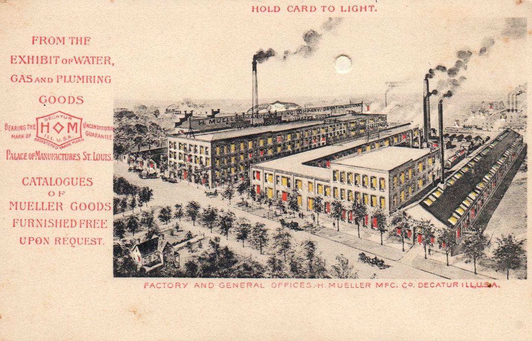 Catalogues Of Mueller Goods Factory And General Offices. H. Mueller MFC. Co. Decatur Illinois USA HTL Hold to the Light postcard